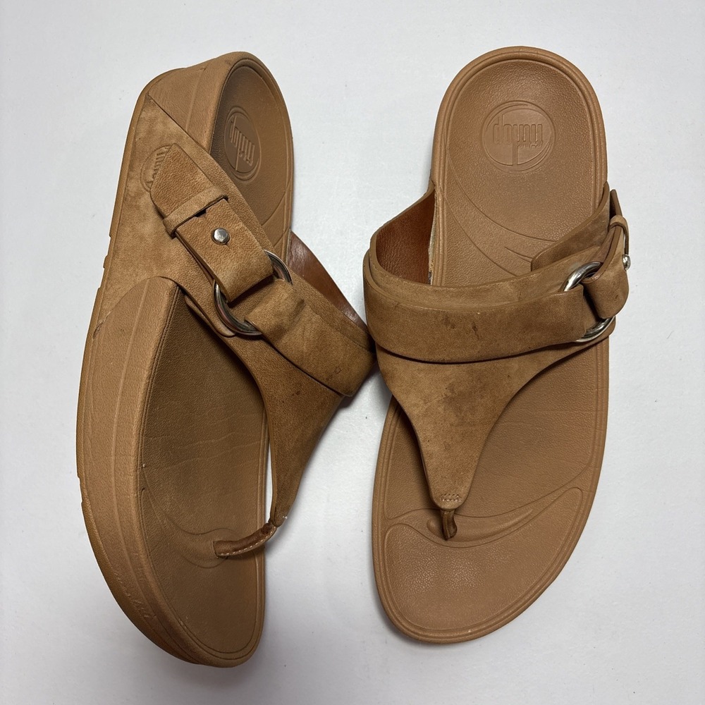 FITFLOP Lulu Tan Suede Leather Adjustable Buckle Platform Sandal Thong US 9